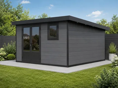 Produktbild von Linholm WPC Gartenhaus Lignum 3737, inkl. Dachrinnen-Set, 2-farbig Dunkelgrau/Anthrazit