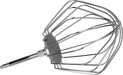 A close-up studio shot of a silver whisk attachment for a kitchen mixer, isolated on a white background.