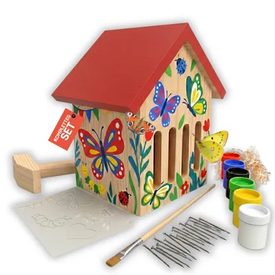 Produktbild von Eli® Schmetterlingshaus Bausatz für Kinder aus Kiefernholz zum Bemalen – inkl. 6 Farben - Pinsel - Hammer - Nägel - Schablonen & Vorlagen zum bemalen