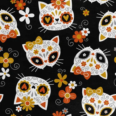 Imagen del producto de Tela de terciopelo real, de poliéster, para coser. Diseño: cráneo de gato con flores