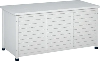 Image de Outsunny Coffre de rangement extérieur, malle de rangement en bois, 283L, avec petites ouvertures en bas, 2 chaînes, 127 x 56 x 60 cm, blanc