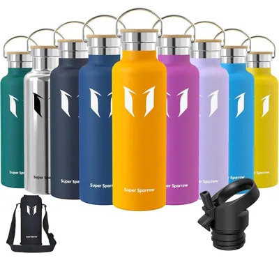 Productafbeelding van RVS drinkfles 750 ml, mango-kleur, lekvrij, BPA-vrij, met 2 deksels