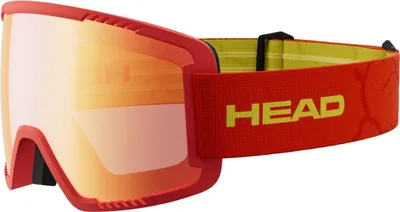 A pair of red and yellow ski goggles with the brand name 'HEAD' printed on the strap.