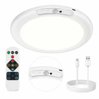 Produktbild von LED Deckenlampe mit PIR Sensor, kabellose Akku Deckenleuchte 60W, 8000 mAh, dimmbar, mit Fernbedienung, für Flur und Treppenhaus
