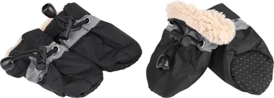 Two pairs of dog boots are shown against a white background. One pair is shown from the side, and the other from the front.