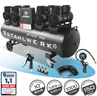 Produktbild von STAHLWERK Kompressor 10 bar 150 L im Set Reifenfüller Schlauch Pistole Verteiler