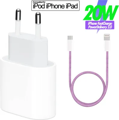 A white USB-C power adapter and a purple USB-C to Lightning cable are shown against a white background, with marketing text and graphics.