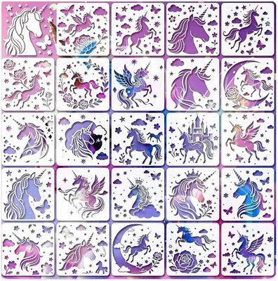 Imagen del producto de Conjunto de plantillas de unicornio, 24 unidades, reutilizables, para manualidades