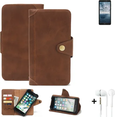 Produktbild von K-S-Trade Handyhülle + Kopfhörer für Nokia C2 2nd Edition Schutz Hülle Walletcase Bookstyle Tasche Case Handytasche Wallet Flipcase Cover PolyurethanBraun