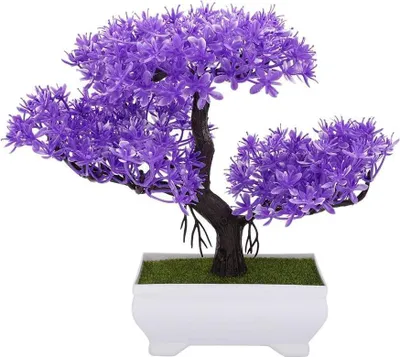 A close-up studio shot of a purple artificial bonsai tree in a white pot.