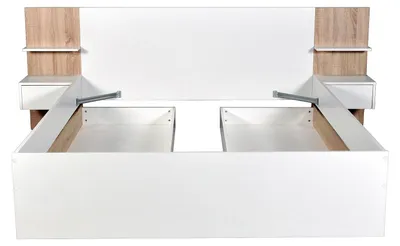 Produktbild von Bett mit Schubladen 160 x 200 cm – Mit 2 Nachttischen und Ablagen – Weiß und Natur – KLYRANA
