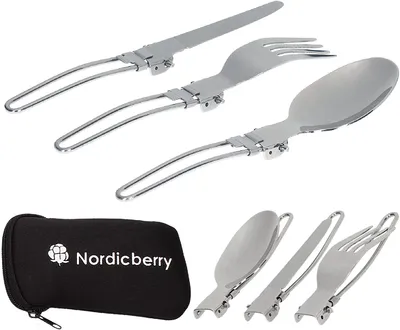 Produktbild von NORDICBERRY Outdoor Klappbesteck und Campingbesteck aus hochwertigem Edelstahl mit Neoprentasche (Schwarz)
