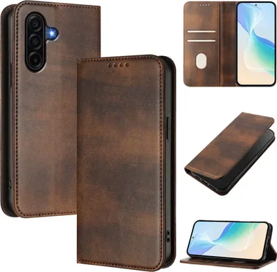 Image de Housse de téléphone portable pour Samsung Galaxy A57, Vintage cuir RFID protection porte carte stand fonction magnétique étui à rabat brun