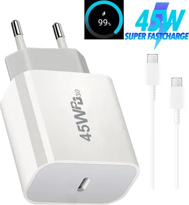 A white USB-C fast charger and two USB-C cables are shown against a white background. A circular graphic indicating 99% battery charge is in the top left corner, and text indicating '45W SUPER FASTCHARGE' is in the top right.