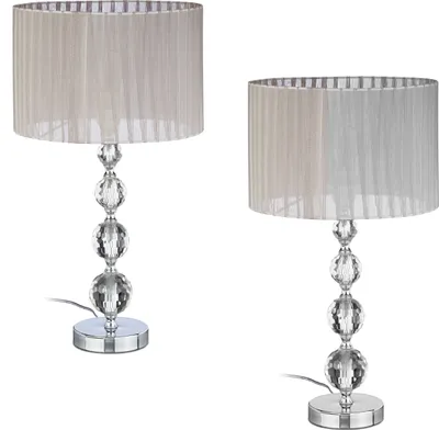 Produktbild von Relaxdays Tischlampe, 2er Set, Glasfuß, Stoffschirm, E27, HxD 53 x 29,5 cm, Nachttischlampe Kristalloptik, grau/silber