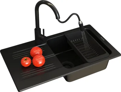 Produktbild von Granitan | Granitspüle - Spülbecken 77,5x43,5cm - Schwarz - Küchenarmatur LOSETO - mit Abtropfgestell - ADA