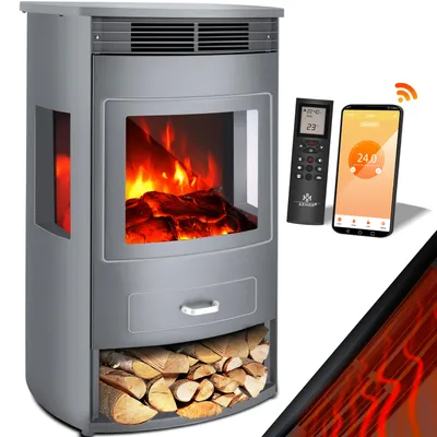 Image de Cheminée électrique KESSER® Prio avec chauffage, ventilateur, télécommande, application Wi-Fi, 950/1900 W, effet de flammes LED, feu de cheminée électrique, thermostat, vitre panoramique, fonction chauffage, minuterie