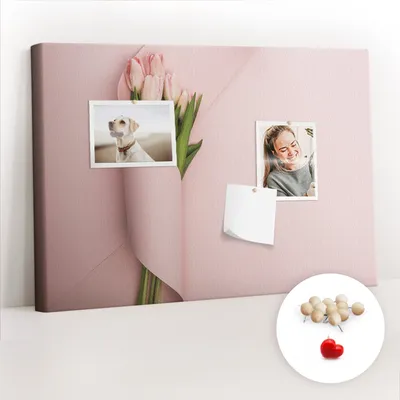 Obrázek produktu pro Korková nástěnka s kolíčky - Tabule s kolíky pro fotografie a poznámky - 60x40 cm - Připínáčky dřevěné 100 kusů - Kytice květin