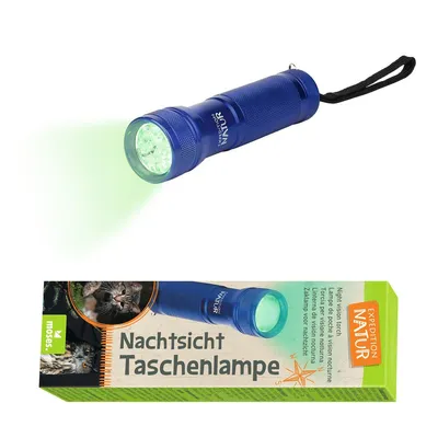 A blue flashlight with a green light beam is shown, along with its packaging which features images of cats and text describing the product.
