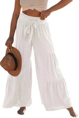 Produktbild von ASKSA Damen Weitem Bein Hose Elegant Hohe Taille Freizeithose Leichte Sommerhose, Weiss, Groesse: XL