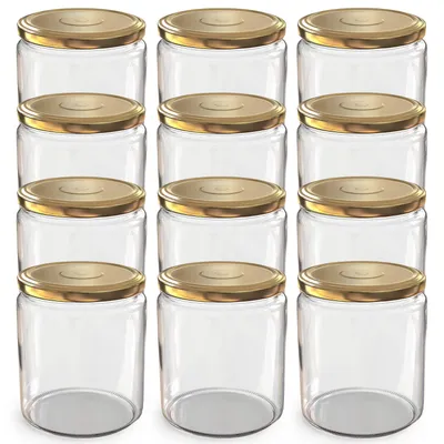 Produktbild von Oputec 12x 405 ml Einmachgläser mit Schraubdeckel Gold – Perfekt für Konfitüren, Vorratsgläser mit Deckel ideal als Marmeladengläser und Schraubgläser