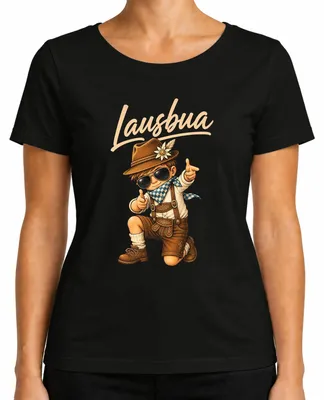 Productafbeelding van Lausbua Cool Trachten jongensbroek van leer, traditioneel shirt, Dirndl voor dames, T-shirt, zwart, maat M