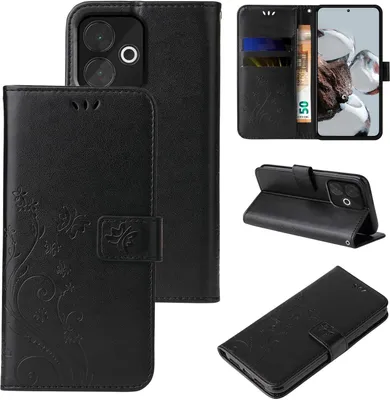 Produktbild von Handyhülle für Xiaomi Redmi 13 Floral Blumen Schmetterling Flip Cover Hülle Case Klapphülle Handytasche Farbe: Schwarz