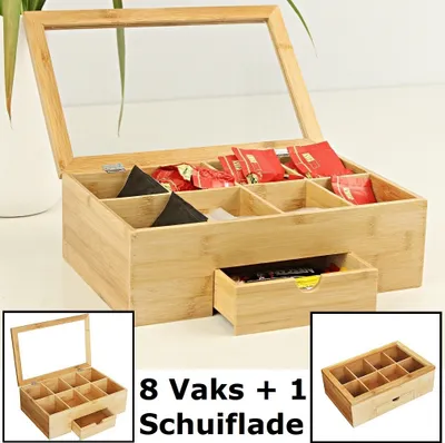 Productafbeelding van Luxe theedoos met doorzichtig venster van bamboe hout – 9 vaks theekist voor thee - Decopatent