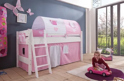 Produktbild von Relita Halbhohes Spielbett Kim Buche massiv weiß lackiert mit Textil-Set, rosa/weiß