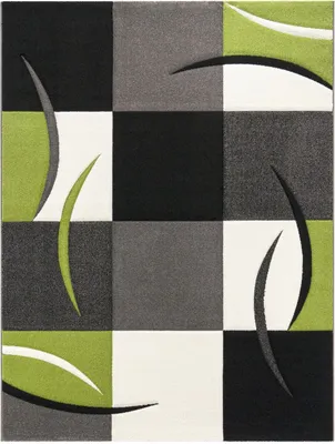 A close-up, top-down view of a modern rug with a geometric pattern.