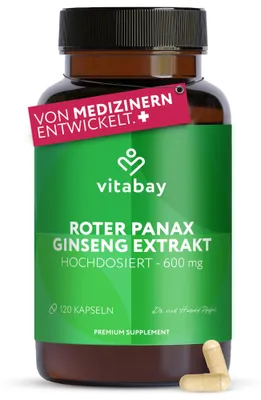 Produktbild von Vitabay Roter Panax Ginseng 600 mg Extrakt – 120 vegane Kapseln – Standardisiert auf 20% Ginsenoside – Echter Koreanischer Ginseng C.A. Meyer – Labor in Deutschland – 2 Monate Vorrat