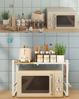 Produktbild von Erweiterbares Mikrowellen-Regal, Mikrowellenständer, 41,5-64 cm verstellbare Breite, Stahl und Bambus, 4 Haken, cremeweiß-naturbeige