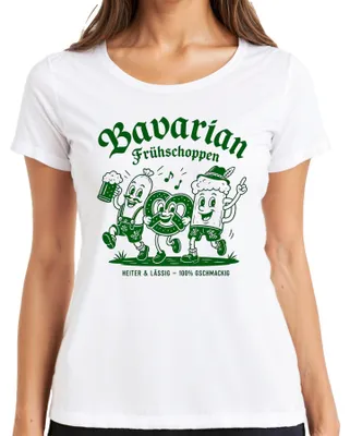 Immagine prodotto di Maglietta da donna, bianca, taglia 3XL, con motivi bavaresi: "Frühschoppen", "Weißwurst", "Brezel", "Bier", "Lederhose", "Dirndl", "Wiesn"