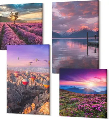 Produktbild von Leinwandbilder Mehrteilig 4-teilig – Modernes Design – Hochwertiger Polycanvas Kunstdruck – Wanddekoration & Wandkunst – Bilder für Zuhause – 2x 40x40 cm + 2x 40x60 cm – Landschaft mit Lavendelfeldern und Sonnenuntergang