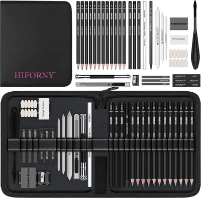 Produktbild von HIFORNY Zeichenset 42-teilig Skizzierset mit Graphitstiften Kohlestiften und Canvas-Tasche für Anfänger und Künstler
