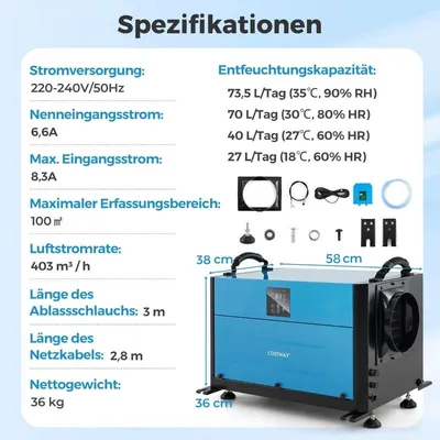 Immagine prodotto di Deumidificatore industriale, 73,5 l/giorno, 3 modalità, timer