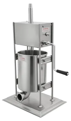 Obrázek produktu pro Plnící zařízení na klobásy, objem 10 litrů, vyrobeno z nerezové oceli, manuální ovládání, vertikální provedení, obsahuje vyměnitelné formy