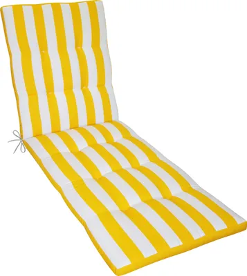 A yellow and white striped chaise lounge cushion on a white background.