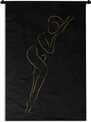 Produktbild von MuchoWow® Wandteppich Wandbehang Frau - Schwarz - Gold - Strichzeichnung 90x135 cm Tapisserie Dekoration Wandtuch - Baumwolle - Wandskulptur