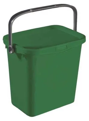 A green rectangular bucket with a gray handle is shown against a white background.