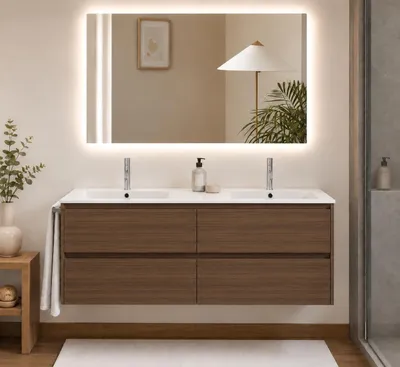 ORIGEN BATH IBIZA QUATTRO Badmöbel mit Doppelwaschbecken, 120x45 cm, 4 Schubladen, Tea-Esche