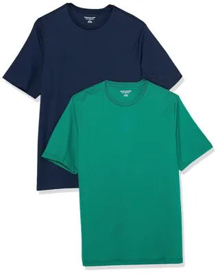 Produktbild von Amazon Essentials T-Shirts für Herren, 100% Baumwolle und Baumwoll-Polyester-Mischgewebe, Normale Passform, kurzärmelig, Rundhalsausschnitt, 2er-Pack, Grün/Marineblau, Größe S