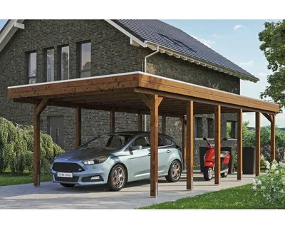 Produktbild von Einzelcarport SKAN HOLZ Friesland inkl. Aluminium-Dachplatten und H-Pfostenanker 397 x 860 cm nussbaum