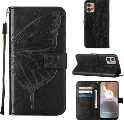 Obrázek produktu pro Moto G32 Pouzdro, Motýlí Reliéf Flip Kožené Pouzdro s Kapsami na Karty a Stojánkem pro Motorola Moto G32 černé