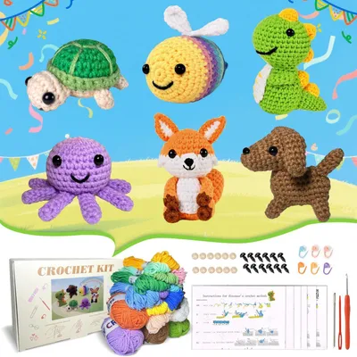 Immagine prodotto di Kit per principianti per l'uncinetto, set per realizzare 6 animali amigurumi, completo di filato e accessori, con istruzioni video
