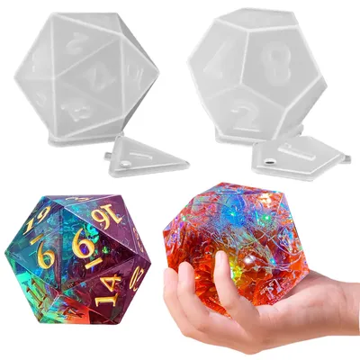 Produktbild von Große Würfelformen aus Kunstharz, 2 Silikonformen für Epoxidharz-Guss, dreieckige und sechseckige Würfelformen (D20 und D12) mit Zahlen, Silikon-Kerzenform für DIY-Bastelprojekte und Heimdekoration