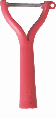 A red peeler is shown against a white background.
