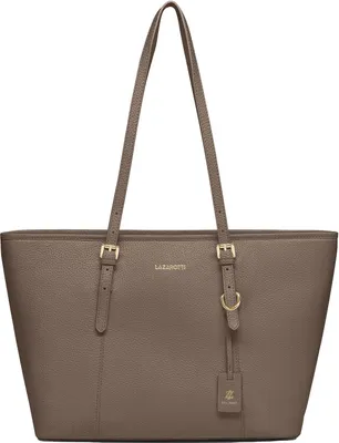 A studio shot of a taupe leather tote bag.