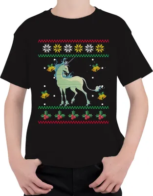 Produktbild von Das letzte Einhorn - Ugly Christmas Sweater Weihnachten Weihnachtsgeschenk Uni Kinder T-Shirt, Schwarz, 116