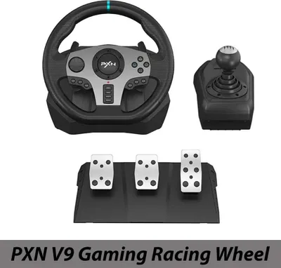Immagine prodotto di Volante per videogiochi - Modello V9 - Compatibile con PS4/PS3/PC Windows 7–11 - Angolo di sterzata regolabile da 270° a 900° - Con pedali - Include leva del cambio - Con cavo - Colore: V9